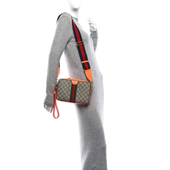 GUCCI GG Supreme Monogram Textured Dollar Calfskin Web Ophidia Wristlet Shoulder Bag Beige Ebony Orange