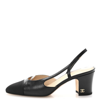 CHANEL Goatskin Grosgrain Cap Toe CC Slingback Sandals 35.5 Black