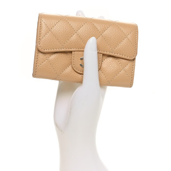 CHANEL Caviar Quilted Flap Card Holder Wallet Beige