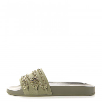 CHANEL Canvas Chain Flat Sandals 40 Khaki