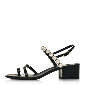 CHANEL Lambskin Pearl Toe Ring Slingback Sandals 41 Black