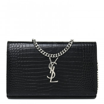 SAINT LAURENT Calfskin Crocodile Embossed Monogram Chain Wallet Black