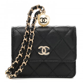 CHANEL Caviar Quilted Mini Pearl On Top Coin Purse With Chain Black