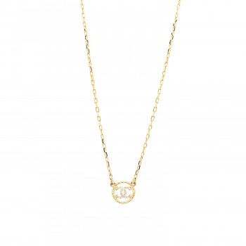 CHANEL Crystal Metal CC Round Pendant Necklace Gold