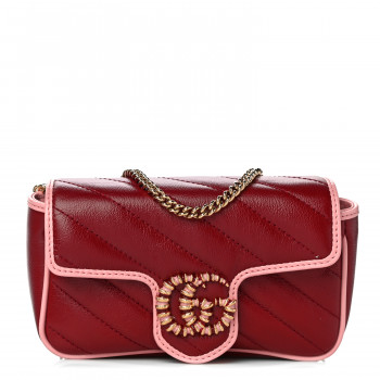 GUCCI Azalea Calfskin Enamel Matelasse Diagonal Super Mini Torchon GG Marmont Shoulder Bag New Cherry Red Wild Rose