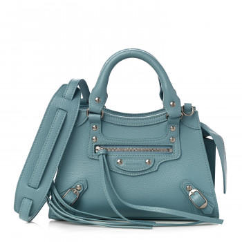 BALENCIAGA Grained Calfskin Neo Classic Silver Hardware Mini City Blue Grey