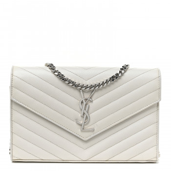 SAINT LAURENT Grain De Poudre Matelasse Chevron Monogram Chain Wallet Optical White