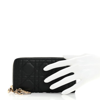 CHRISTIAN DIOR Lambskin Cannage Lady Dior Zip Wallet Black