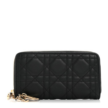 CHRISTIAN DIOR Lambskin Cannage Lady Dior Zip Wallet Black