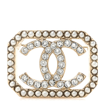 CHANEL Pearl Crystal CC Square Brooch Gold