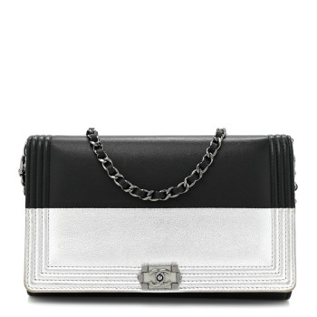 CHANEL Metallic Goatskin Boy Wallet On Removable Chain WOC Black Silver