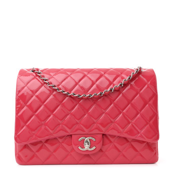 CHANEL Patent Maxi Quilted Double Flap Dark Pink