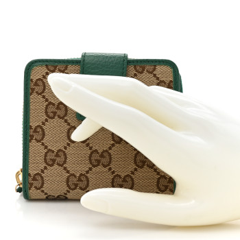 GUCCI Monogram Dollar Calfskin Zip Around French Flap Wallet Beige Ebony Green