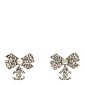 CHANEL Crystal Pearl Bow CC Drop Earrings Silver