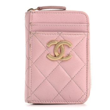 CHANEL Caviar Quilted Studded CC Zip Card Holder Pink