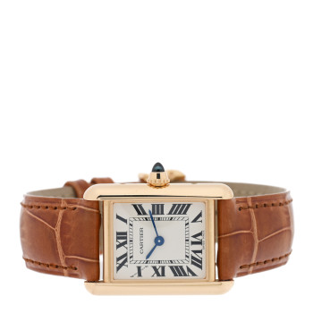 CARTIER 18K Yellow Gold Alligator 22mm Tank Louis Quartz Watch Brown