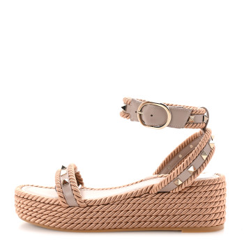 VALENTINO GARAVANI Calfskin Rockstud Rope Espadrille Flatform Sandals  38 Poudre