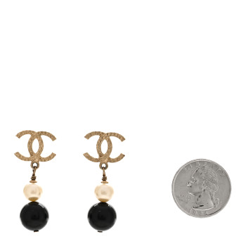 CHANEL Pearl Bead CC Drop Earrings Black Gold