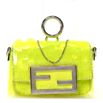 FENDI Transparent Paillettes Vitello King Nano Maxi Buckle Baguette Charm Yellow Fluo