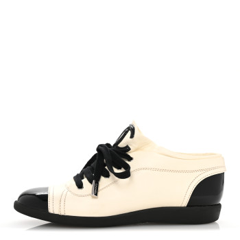 CHANEL Lambskin Patent Calfskin CC Sneakers 36.5 White Black