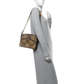 GUCCI Monogram Jumbo GG Textured Dollar Calfskin Web Messenger Shoulder Bag Camel Ebony New Acero