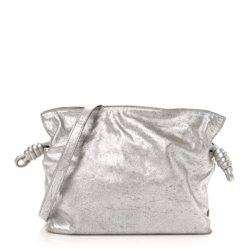 LOEWE Distressed Metallic Lambskin Medium Flamenco Knot Bag Silver