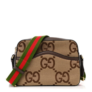 GUCCI Monogram Jumbo GG Textured Dollar Calfskin Web Messenger Shoulder Bag Camel Ebony New Acero