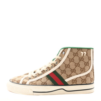GUCCI GG Monogram Web Womens 1977 Tennis High Top Sneakers 39 Beige Ebony Mystic White