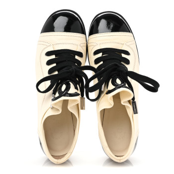 CHANEL Lambskin Patent Calfskin CC Sneakers 36.5 White Black