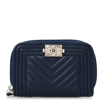 CHANEL Calfskin Chevron Quilted Zip Around Boy Coin Purse Navy Blue