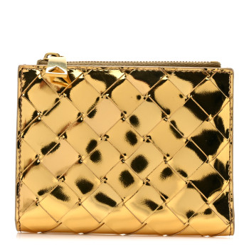 BOTTEGA VENETA Mirror Laminated Nappa Intrecciato Small Bi-Fold Zip Wallet Gold
