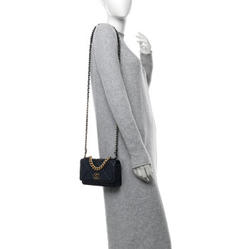 CHANEL Lambskin Quilted Chanel 19 Wallet On Chain WOC Navy Blue
