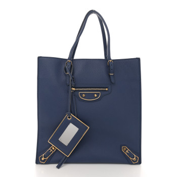 BALENCIAGA Grained Calfskin Gold Metallic Edge Hardware Papier Small A4 Tote Bleu
