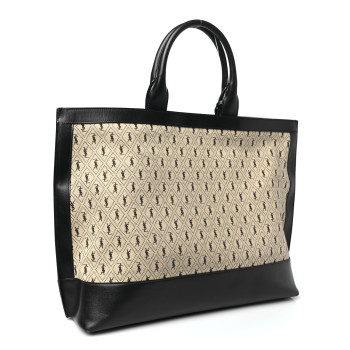 SAINT LAURENT Canvas All-Over Monogram Cabas Tote Beige Black