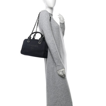 CHANEL Mixed Fibers Small Deauville Bowling Bag Navy Blue CHANEL Mixed Fibers Small Deauville Bowling Bag Navy Blue