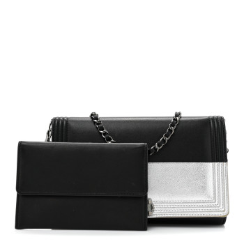 CHANEL Metallic Goatskin Boy Wallet On Removable Chain WOC Black Silver