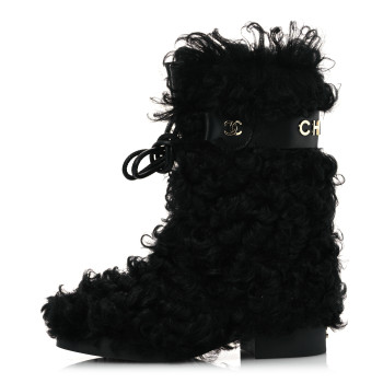 CHANEL Shearling Sheepskin High Boots 38 Black