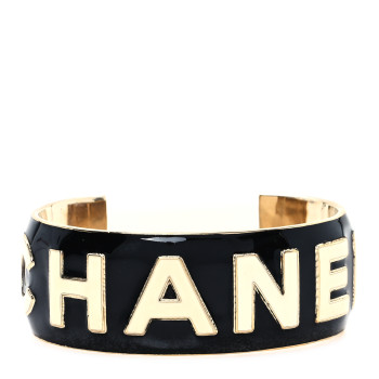 CHANEL Metal Enamel Wide Chanel Logo Cuff Bracelet L Black White