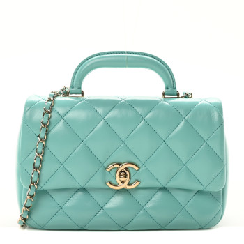 CHANEL Shiny Lambskin Quilted Coco Trip Flap Bag Turquoise