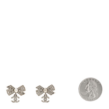 CHANEL Crystal Pearl Bow CC Drop Earrings Silver