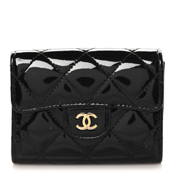 CHANEL Patent Quilted Flap Card Holder Black