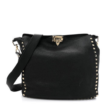 VALENTINO GARAVANI Pebbled Calfskin Small Rockstud Flip-Lock Messenger Bag Black