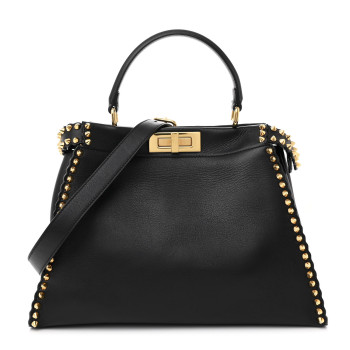 FENDI Vitello Seta Shiny Nappa Scalloped Studded Medium Peekaboo Iconic Satchel Black