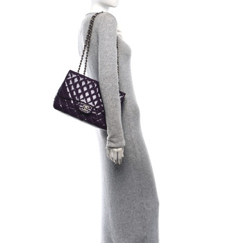 CHANEL Patent Quilted Jumbo Single Flap Dark Purple