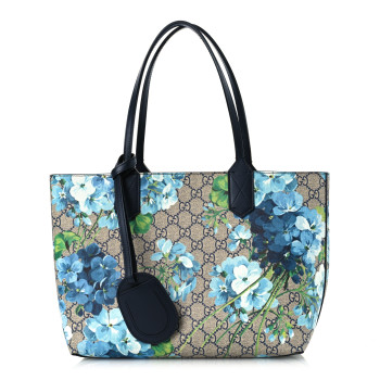 GUCCI GG Supreme Monogram Blooms Small Reversible Tote Beige Blue Navy