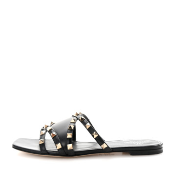 VALENTINO GARAVANI Calfskin Rockstud Slide Sandals 39 Black