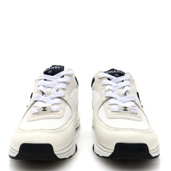 CHANEL Mesh Suede Calfskin Grained Calfskin Womens CC Sneakers 38.5 White Black