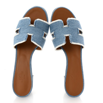 HERMES Denim Fringe Oasis Sandals 39 Bleu Clair