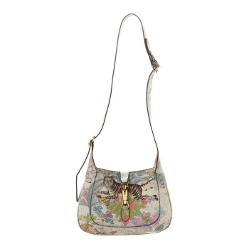 GUCCI New Shangai Calfskin Tiger Savanah Small Jackie 1961 Hobo Chalky White Multicolor