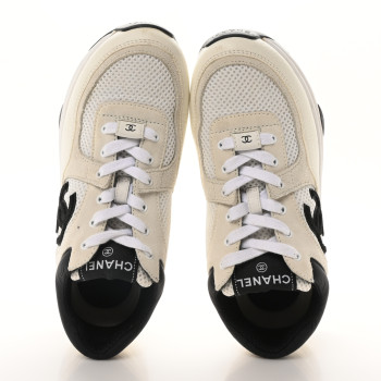 CHANEL Mesh Suede Grained Calfskin Womens CC Sneakers 37.5 White Black